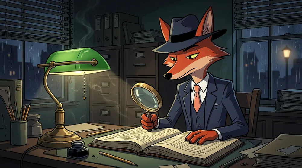 Grappy le renard détective assis à son bureau la nuit, lisant un registre comptable à la loupe sous une lampe de banquier verte