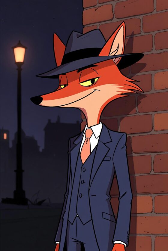 Grappy, la mascotte de grapr : un renard en costume, adossé à un mur sous un lampadaire
